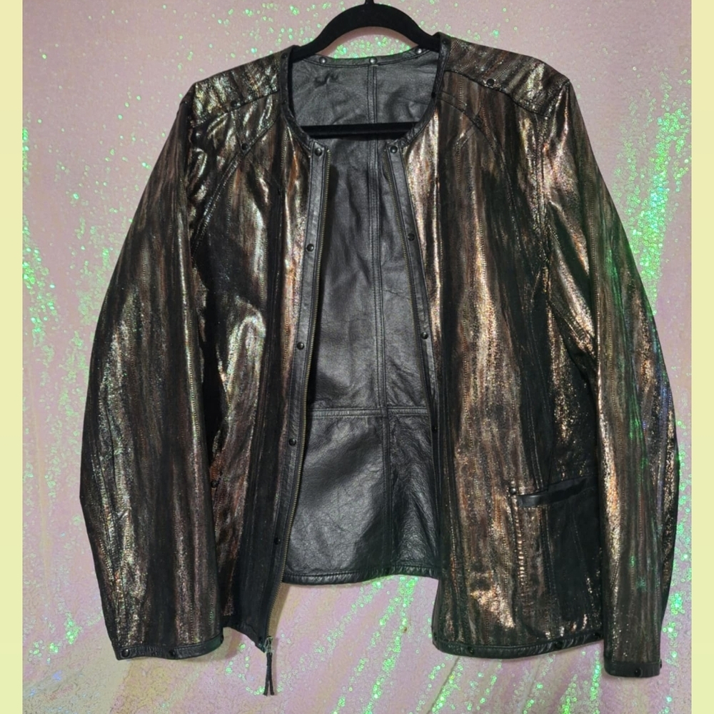 Chico's Size 3  Shimmering Black Leather Jacket. Reversible. Fall Colors,